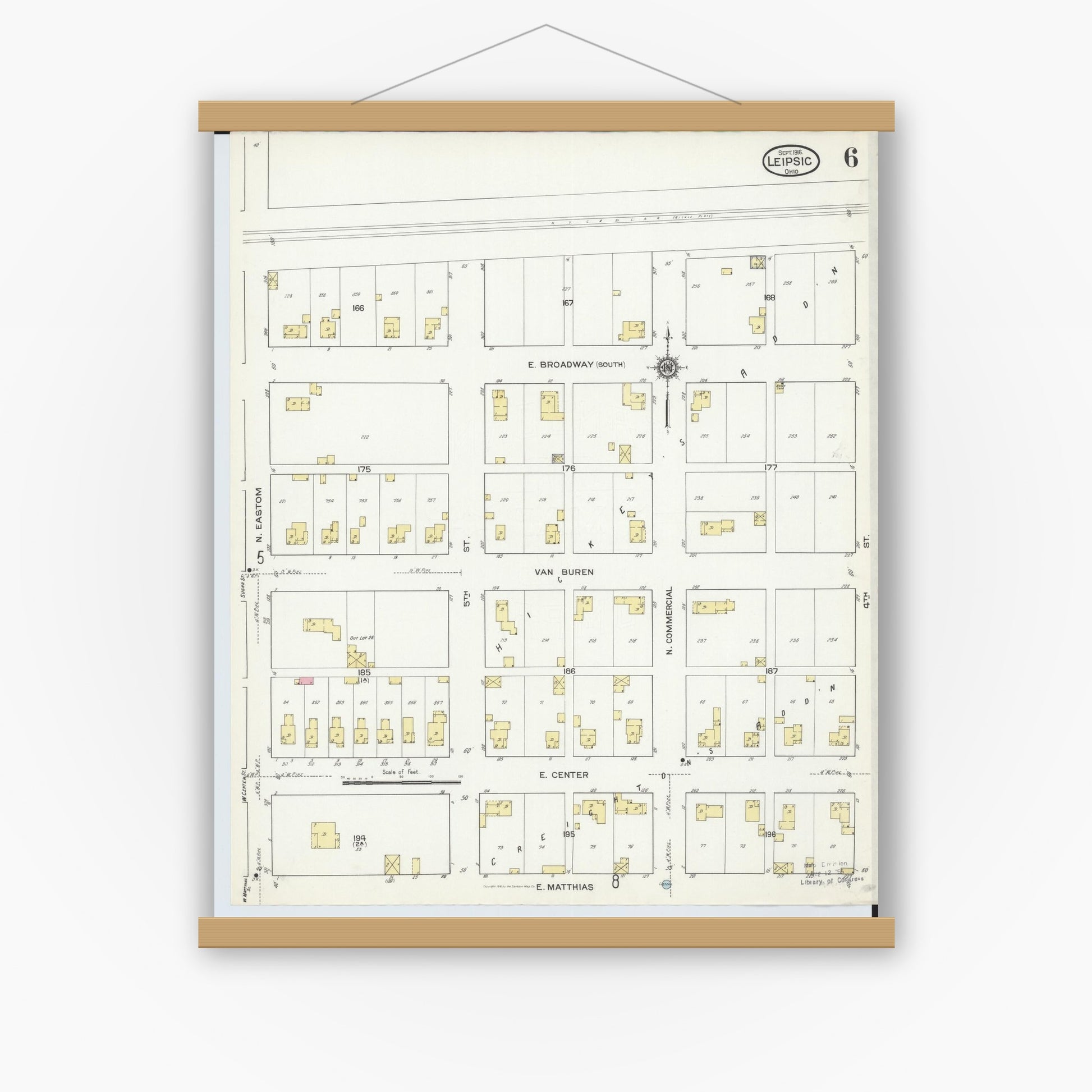 Old map wall art mockup — magnetic wood frame on white wall — Sanborn Fire Insurance Map from Leipsic, Putnam County, Ohio (1916), Sheet #0006