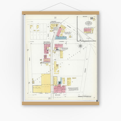 Old map wall art mockup — magnetic wood frame on white wall — Sanborn Fire Insurance Map from Adrian, Lenawee County, Michigan (1908), Sheet #0018