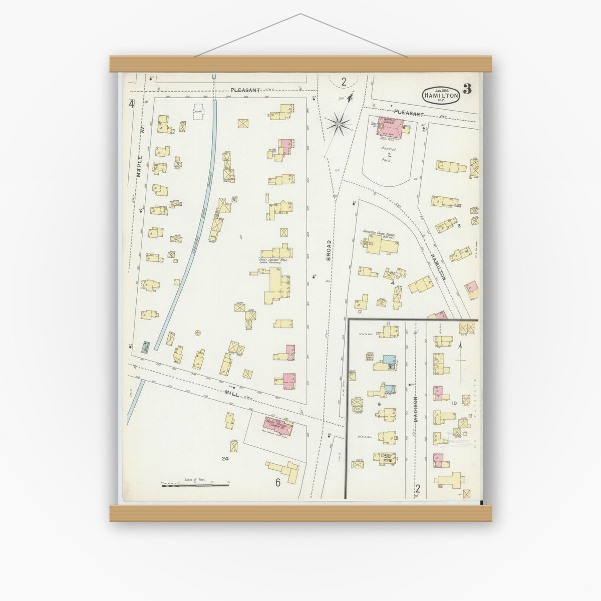 Old map wall art mockup — magnetic wood frame on white wall — Sanborn Fire Insurance Map from Hamilton, Madison County, New York (1896), Sheet #0003