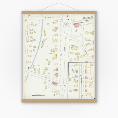 Old map wall art mockup — magnetic wood frame on white wall — Sanborn Fire Insurance Map from Hamilton, Madison County, New York (1896), Sheet #0003