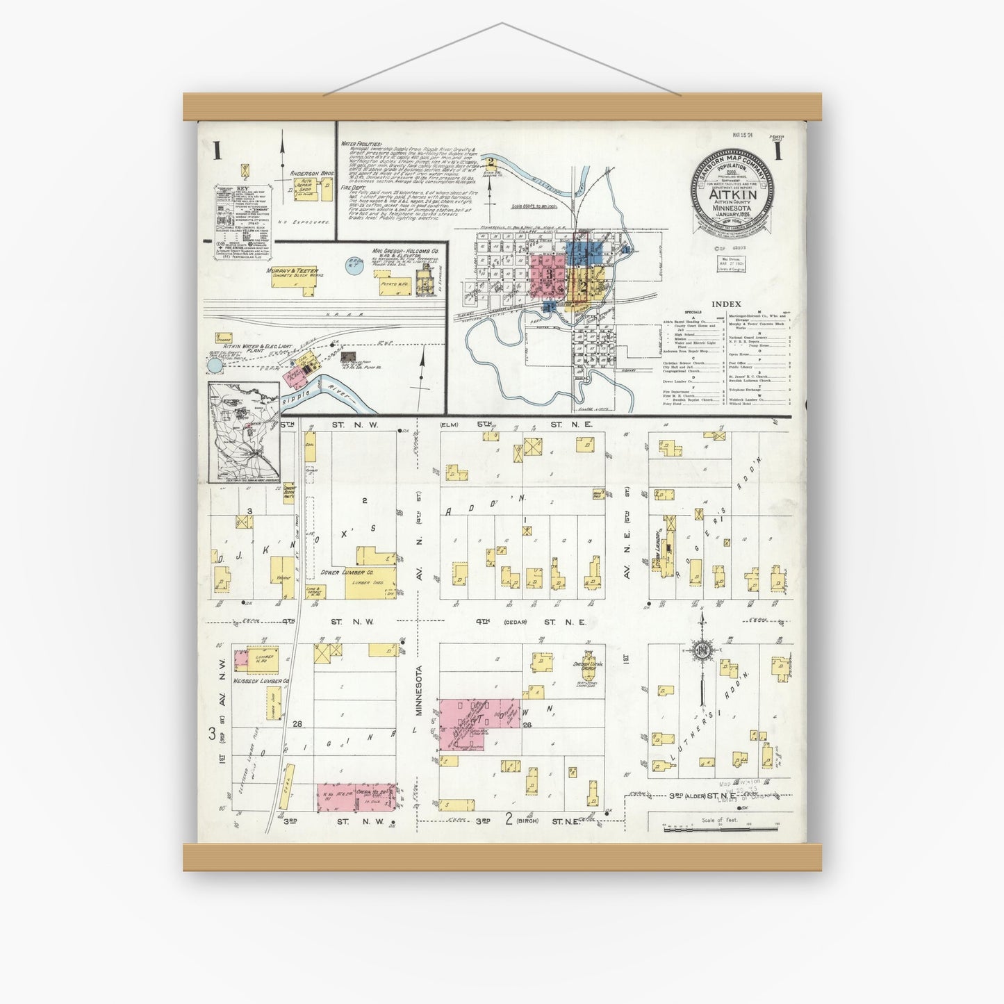 Old map wall art mockup — magnetic wood frame on white wall — Sanborn Fire Insurance Map from Aitkin, Aitkin County, Minnesota (1924), Sheet #0001