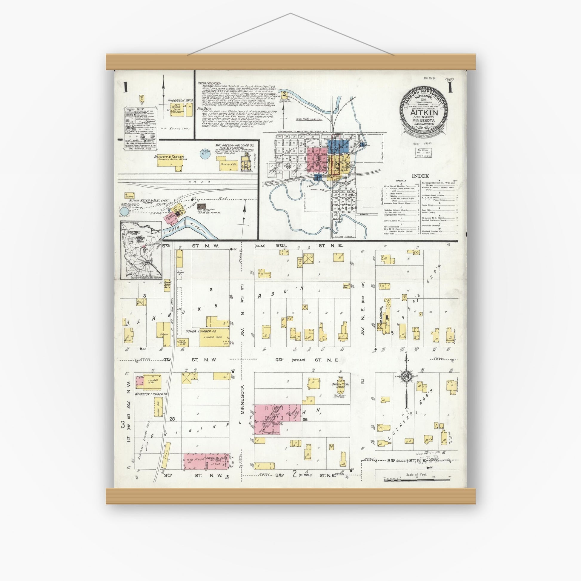 Old map wall art mockup — magnetic wood frame on white wall — Sanborn Fire Insurance Map from Aitkin, Aitkin County, Minnesota (1924), Sheet #0001