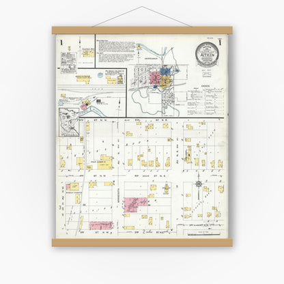 Old map wall art mockup — magnetic wood frame on white wall — Sanborn Fire Insurance Map from Aitkin, Aitkin County, Minnesota (1924), Sheet #0001