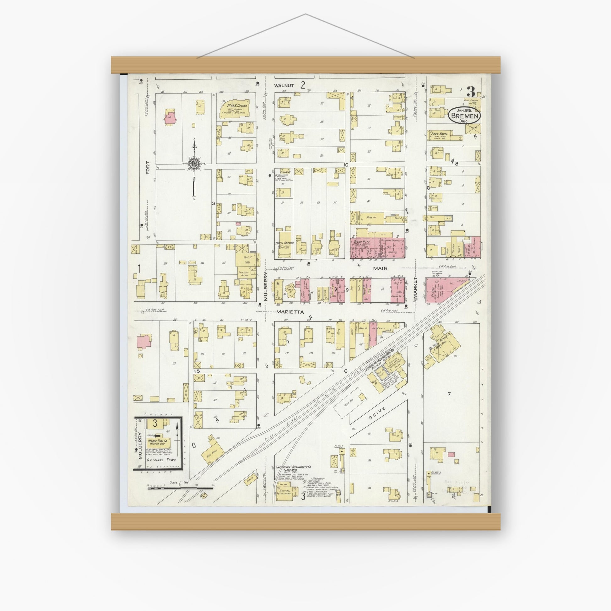 Old map wall art mockup — magnetic wood frame on white wall — Sanborn Fire Insurance Map from Bremen, Fairfield County, Ohio (1916), Sheet #0003