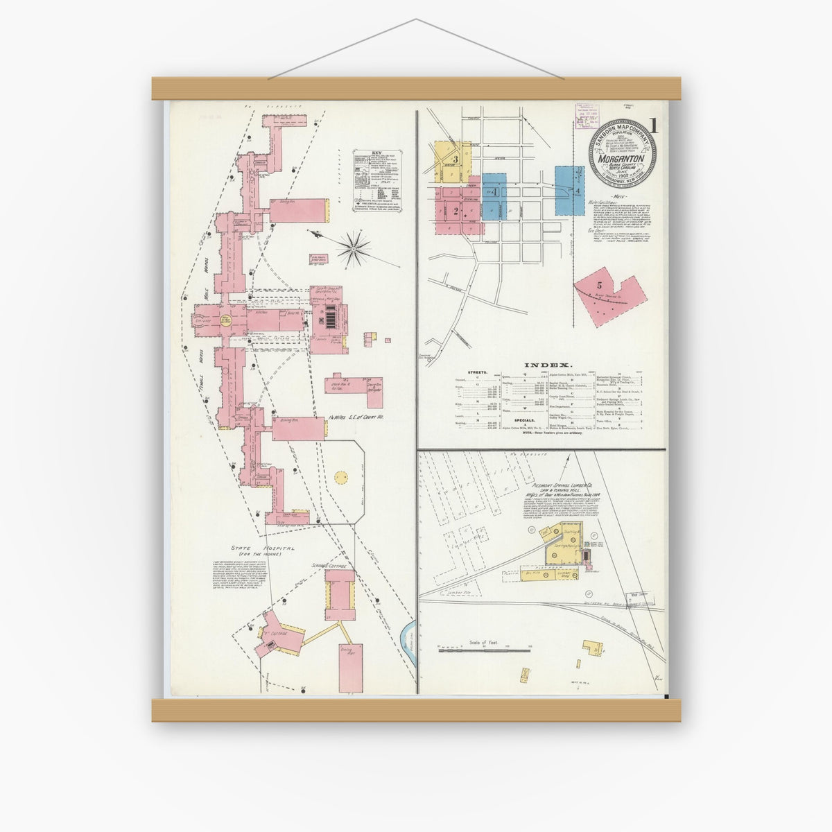 Old map wall art mockup — magnetic wood frame on white wall — Sanborn Fire Insurance Map from Morganton, Burke County, North Carolina (1905) - Complete Map Set
