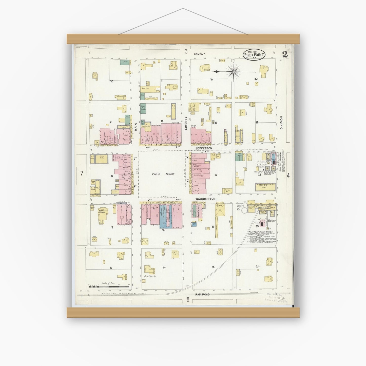 Old map wall art mockup — magnetic wood frame on white wall — Sanborn Fire Insurance Map from Pilot Point, Denton County, Texas (1907), Sheet #0002