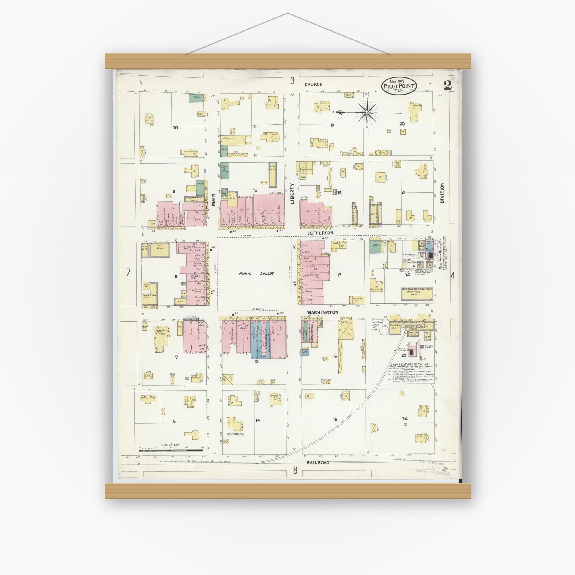 Old map wall art mockup — magnetic wood frame on white wall — Sanborn Fire Insurance Map from Pilot Point, Denton County, Texas (1907), Sheet #0002