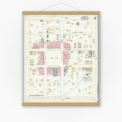 Old map wall art mockup — magnetic wood frame on white wall — Sanborn Fire Insurance Map from Pilot Point, Denton County, Texas (1907), Sheet #0002