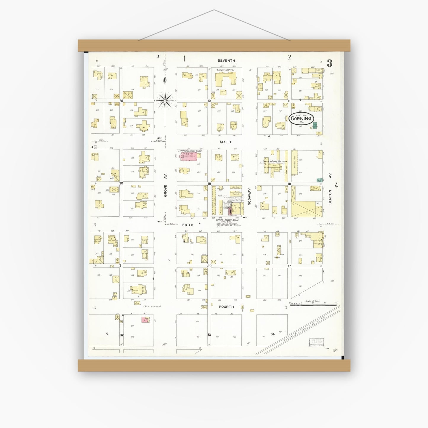 Old map wall art mockup — magnetic wood frame on white wall — Sanborn Fire Insurance Map from Corning, Adams County, Iowa (1907), Sheet #0003