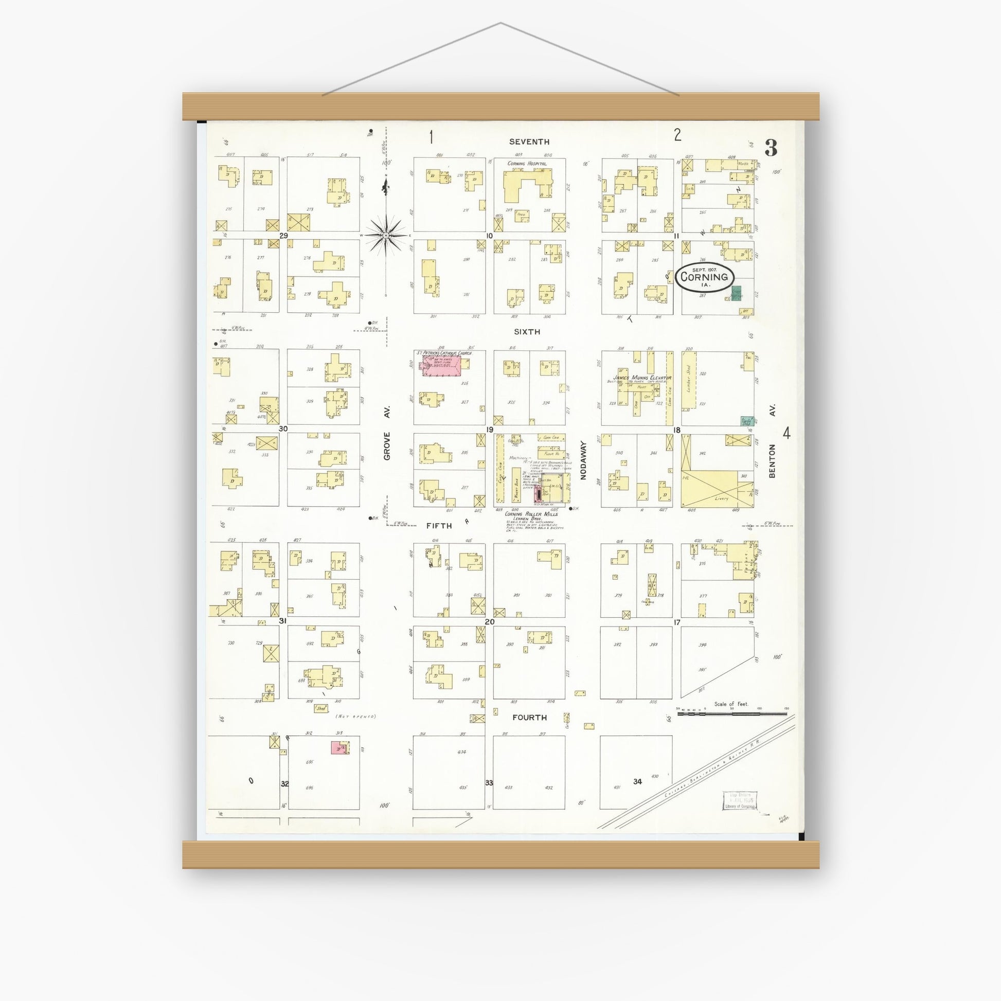 Old map wall art mockup — magnetic wood frame on white wall — Sanborn Fire Insurance Map from Corning, Adams County, Iowa (1907), Sheet #0003