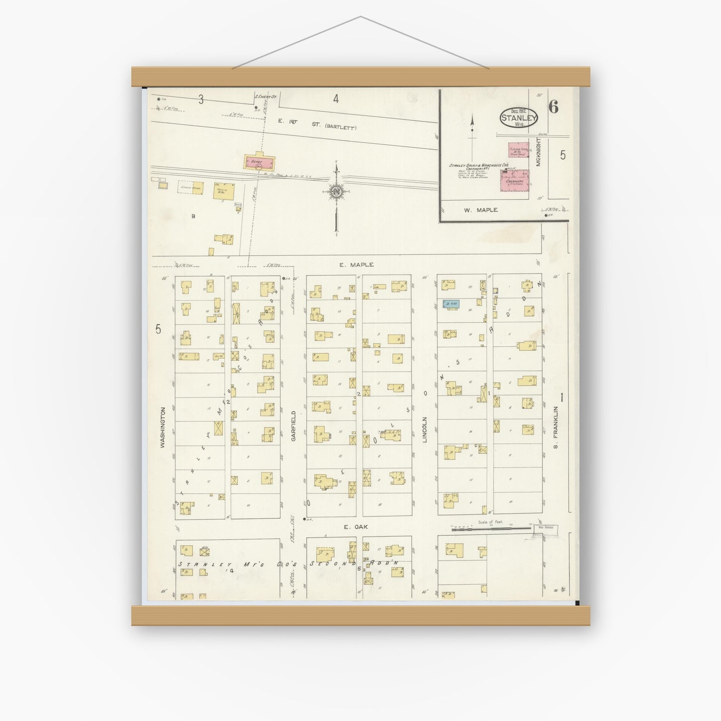 Old map wall art mockup — magnetic wood frame on white wall — Sanborn Fire Insurance Map from Stanley, Chippewa County, Wisconsin (1912), Sheet #0006
