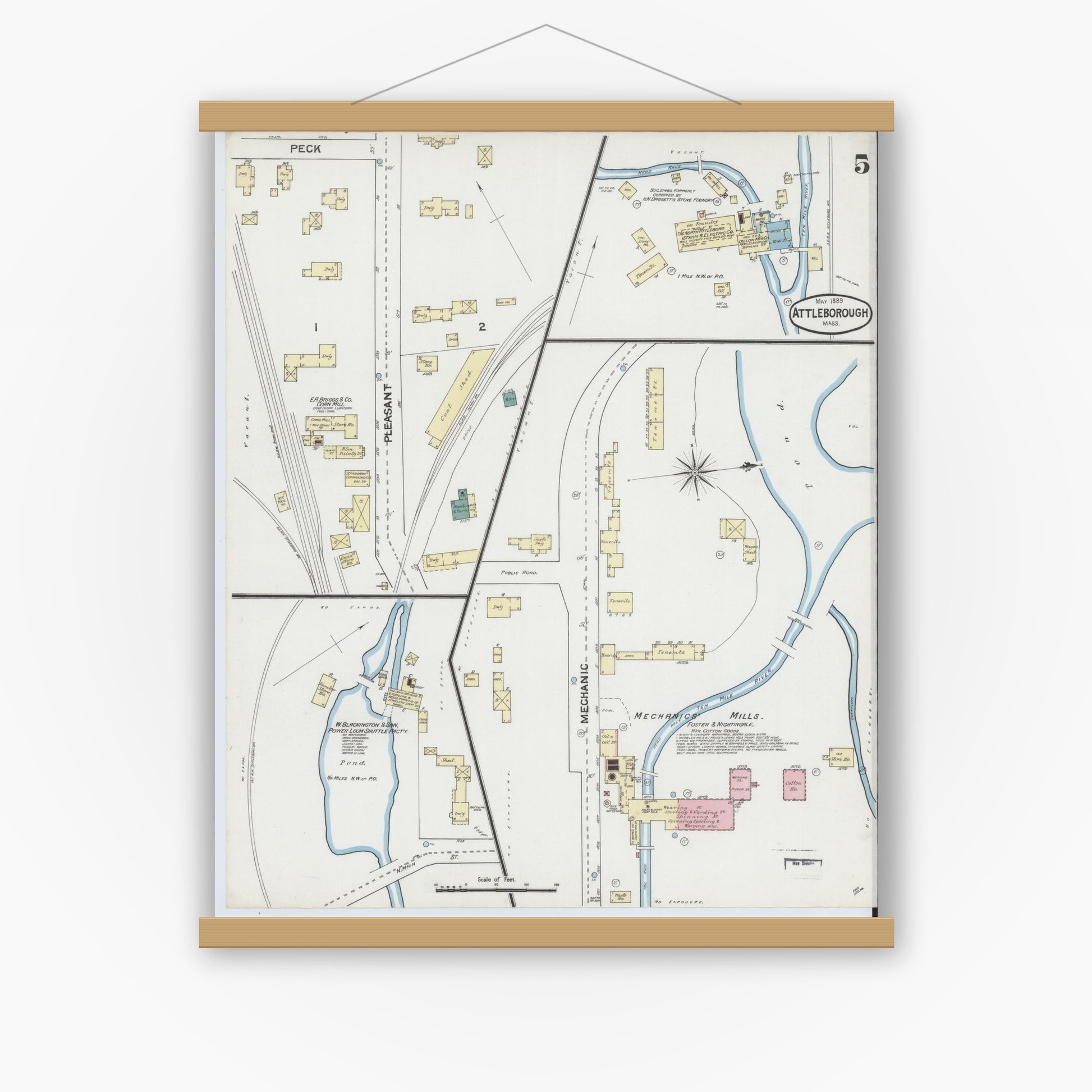 Old map wall art mockup — magnetic wood frame on white wall — Sanborn Fire Insurance Map from Attleboro, Bristol County, Massachusetts (1889), Sheet #0005