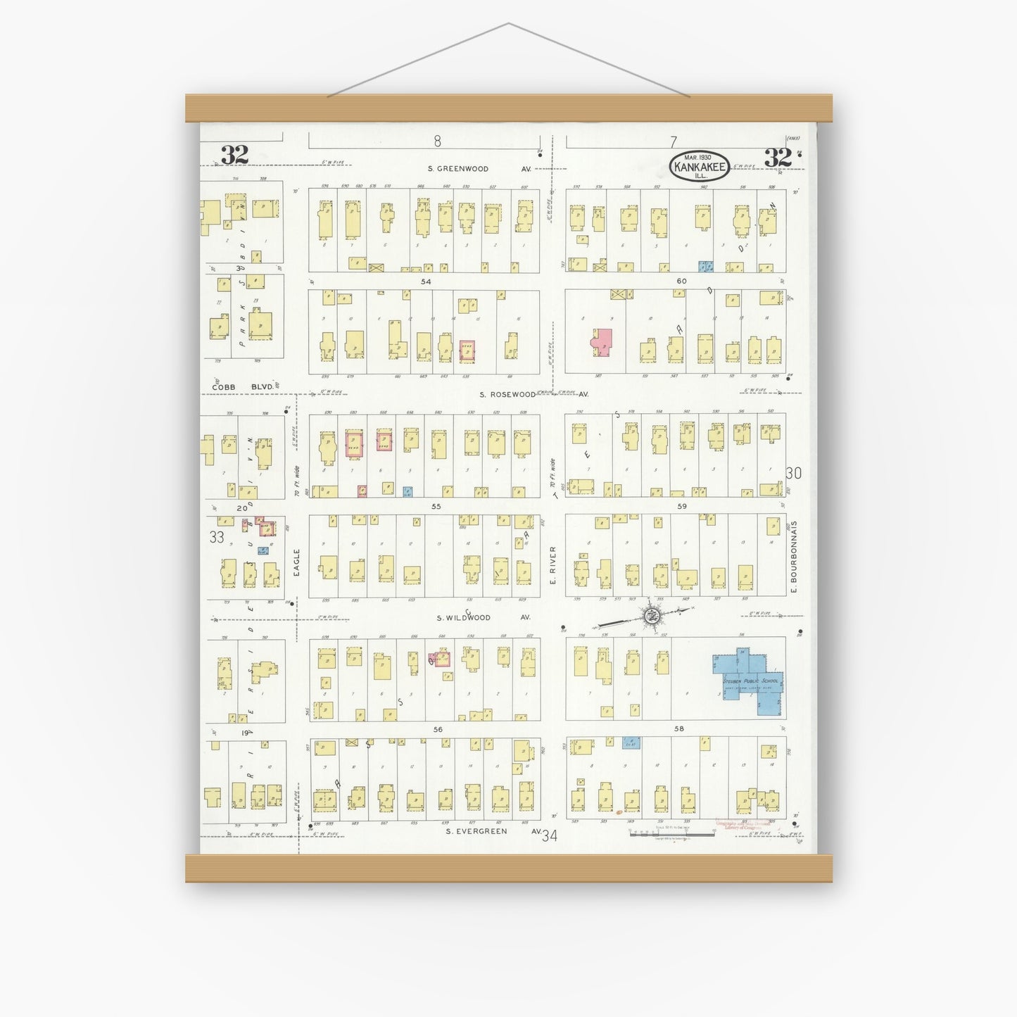 Old map wall art mockup — magnetic wood frame on white wall — Sanborn Fire Insurance Map from Kankakee, Kankakee County, Illinois (1930), Sheet #0032