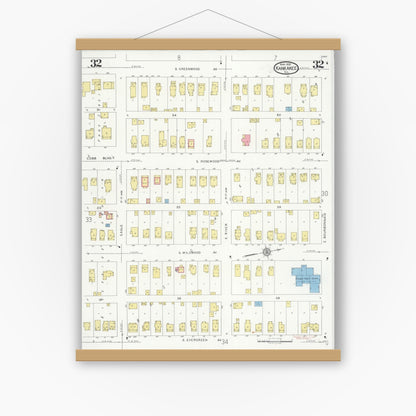 Old map wall art mockup — magnetic wood frame on white wall — Sanborn Fire Insurance Map from Kankakee, Kankakee County, Illinois (1930), Sheet #0032