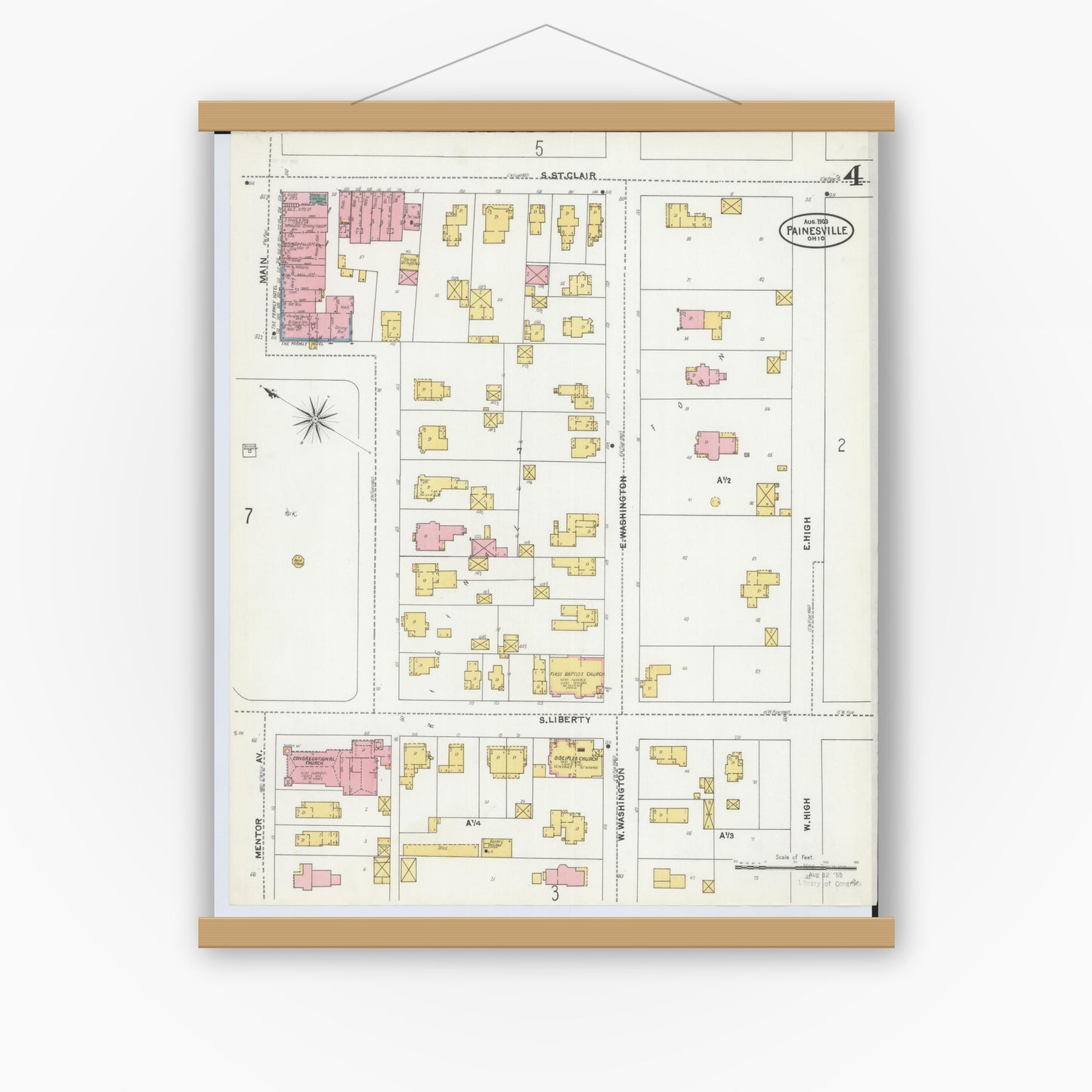 Old map wall art mockup — magnetic wood frame on white wall — Sanborn Fire Insurance Map from Painesville, Lake County, Ohio (1904), Sheet #0004