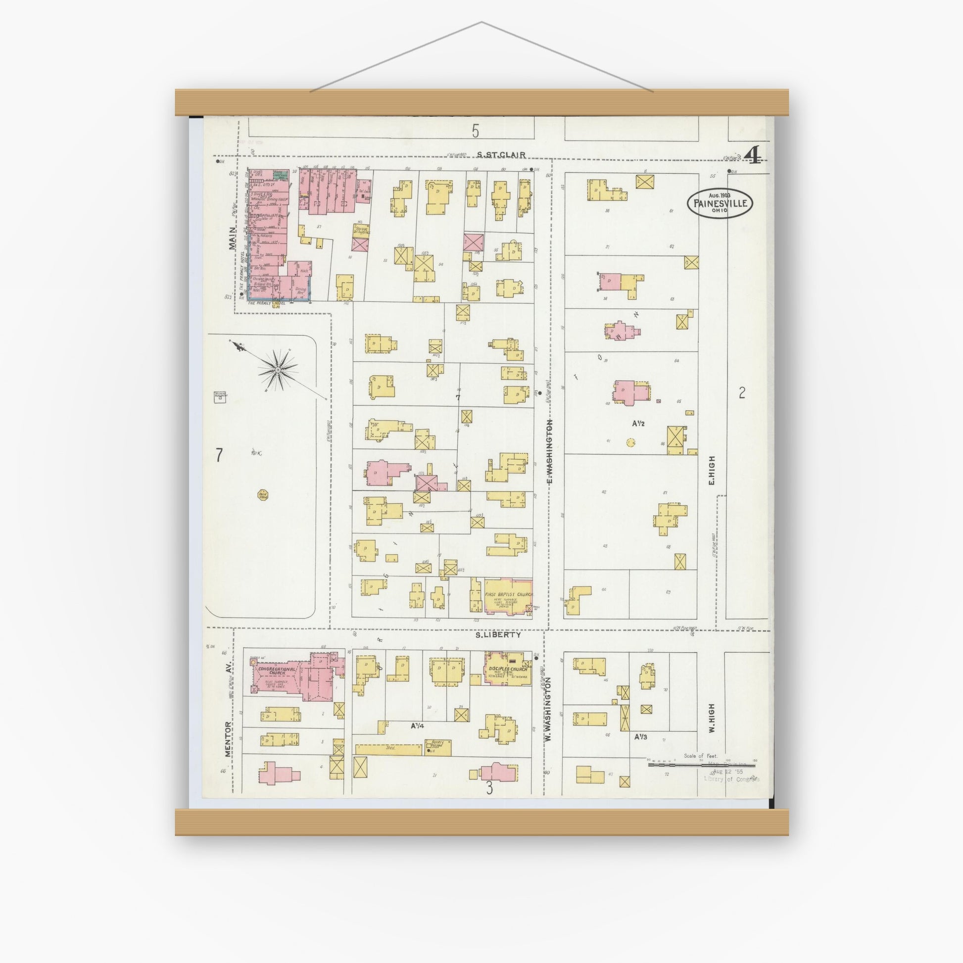 Old map wall art mockup — magnetic wood frame on white wall — Sanborn Fire Insurance Map from Painesville, Lake County, Ohio (1904), Sheet #0004