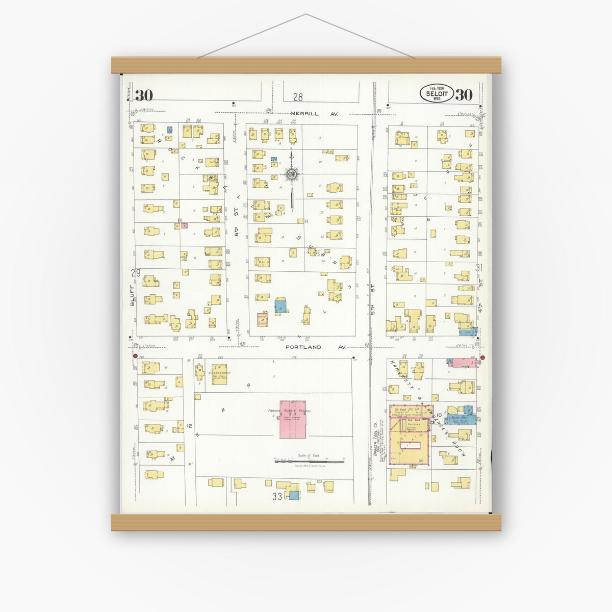 Old map wall art mockup — magnetic wood frame on white wall — Sanborn Fire Insurance Map from Beloit, Rock County, Wisconsin (1926), Sheet #0030