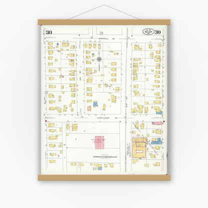 Old map wall art mockup — magnetic wood frame on white wall — Sanborn Fire Insurance Map from Beloit, Rock County, Wisconsin (1926), Sheet #0030