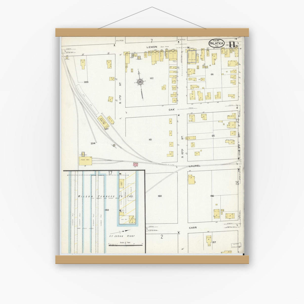 Old map wall art mockup — magnetic wood frame on white wall — Sanborn Fire Insurance Map from Palatka, Putnam County, Florida (1915), Sheet #0011
