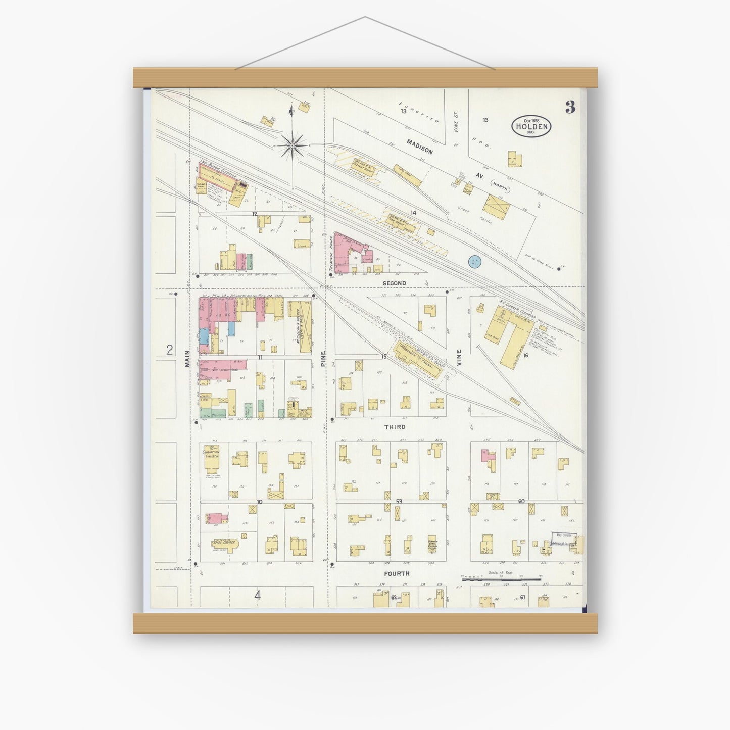 Old map wall art mockup — magnetic wood frame on white wall — Sanborn Fire Insurance Map from Holden, Johnson County, Missouri (1898), Sheet #0003