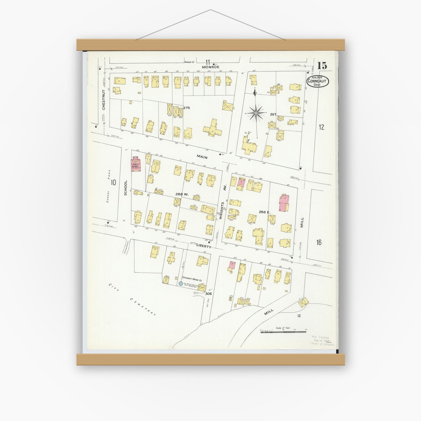 Old map wall art mockup — magnetic wood frame on white wall — Sanborn Fire Insurance Map from Conneaut, Ashtabula County, Ohio (1909), Sheet #0015