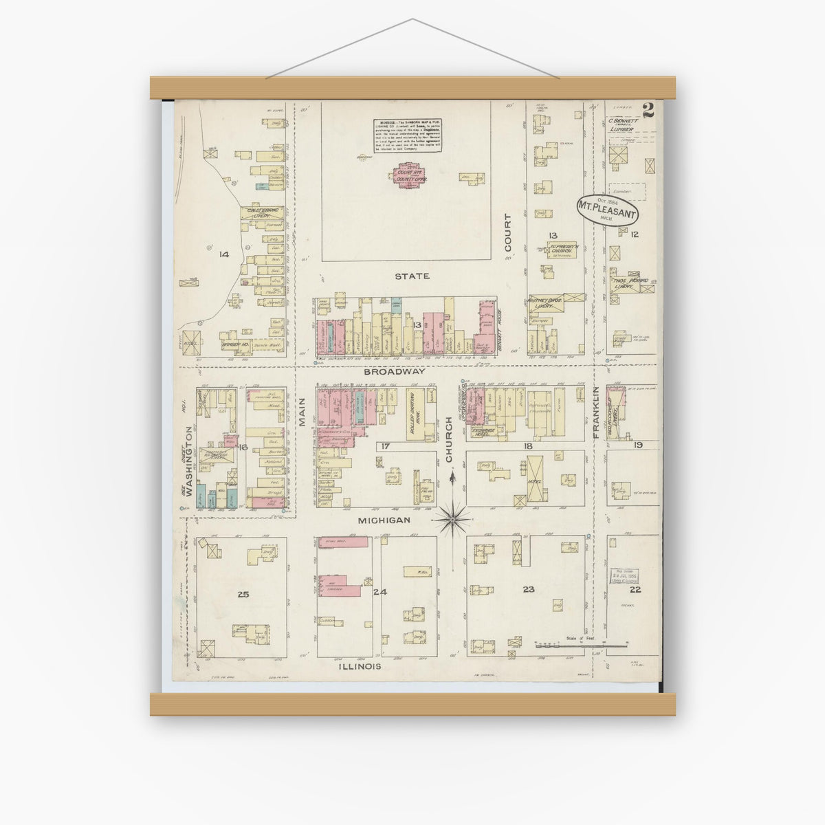 Old map wall art mockup — magnetic wood frame on white wall — Sanborn Fire Insurance Map from Mount Pleasant, Isabella County, Michigan (1884), Sheet #0002