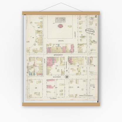 Old map wall art mockup — magnetic wood frame on white wall — Sanborn Fire Insurance Map from Mount Pleasant, Isabella County, Michigan (1884), Sheet #0002
