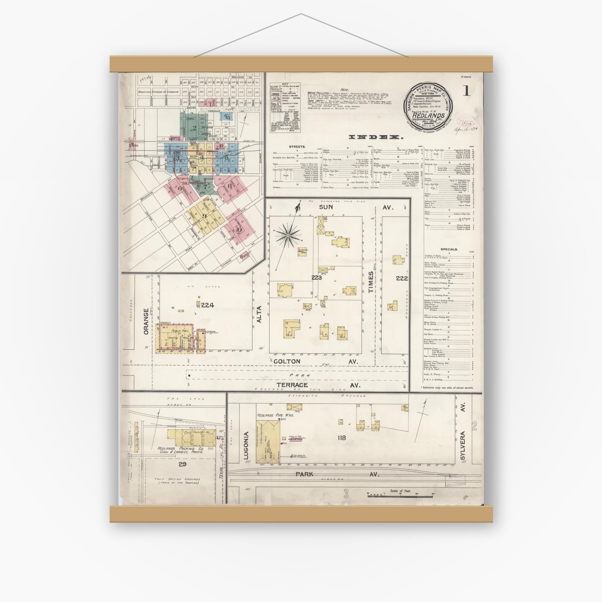 Old map wall art mockup — magnetic wood frame on white wall — Sanborn Fire Insurance Map from Redlands, San Bernardino County, California (1894) - Complete Map Set
