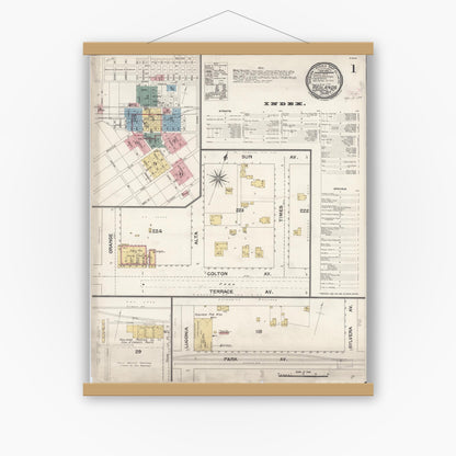Old map wall art mockup — magnetic wood frame on white wall — Sanborn Fire Insurance Map from Redlands, San Bernardino County, California (1894) - Complete Map Set