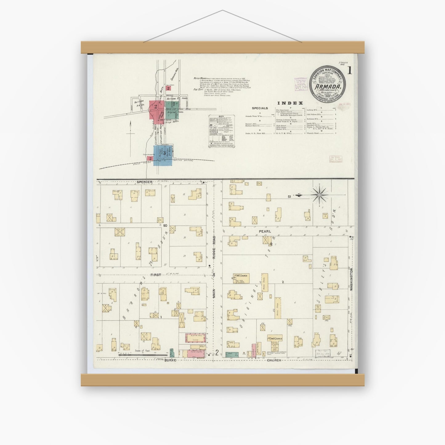 Old map wall art mockup — magnetic wood frame on white wall — Sanborn Fire Insurance Map from Armada, Macomb County, Michigan (1907), Sheet #0001