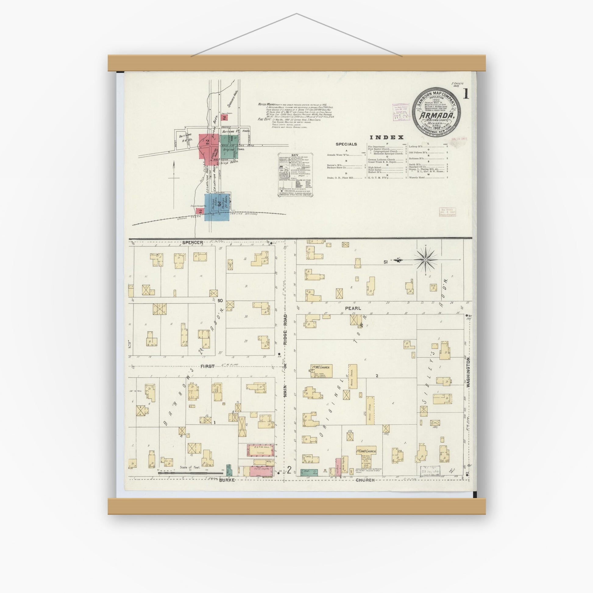 Old map wall art mockup — magnetic wood frame on white wall — Sanborn Fire Insurance Map from Armada, Macomb County, Michigan (1907), Sheet #0001