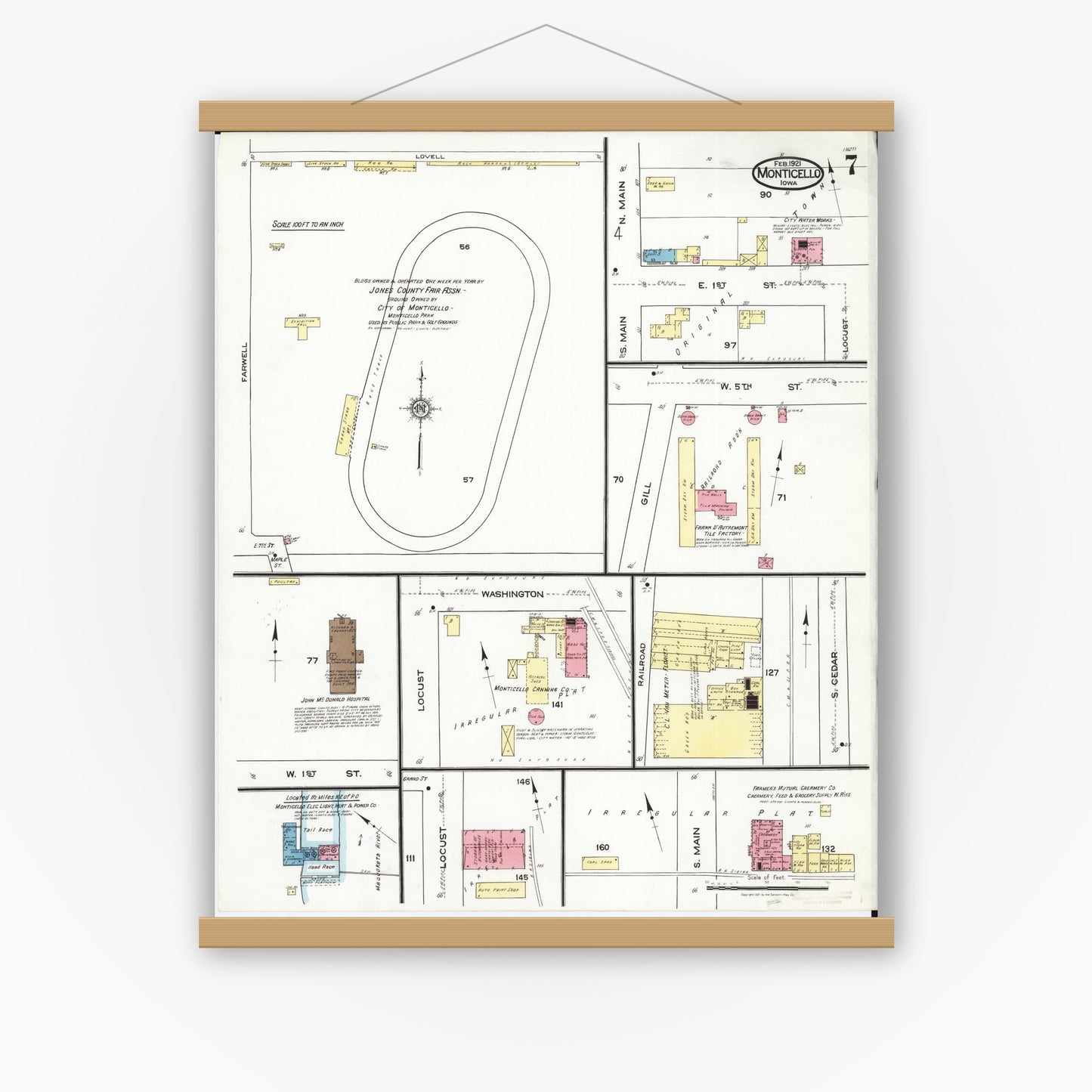 Old map wall art mockup — magnetic wood frame on white wall — Sanborn Fire Insurance Map from Monticello, Jones County, Iowa (1921), Sheet #0007