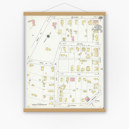Old map wall art mockup — magnetic wood frame on white wall — Sanborn Fire Insurance Map from Chicopee, Hampden County, Massachusetts (1910), Sheet #0019