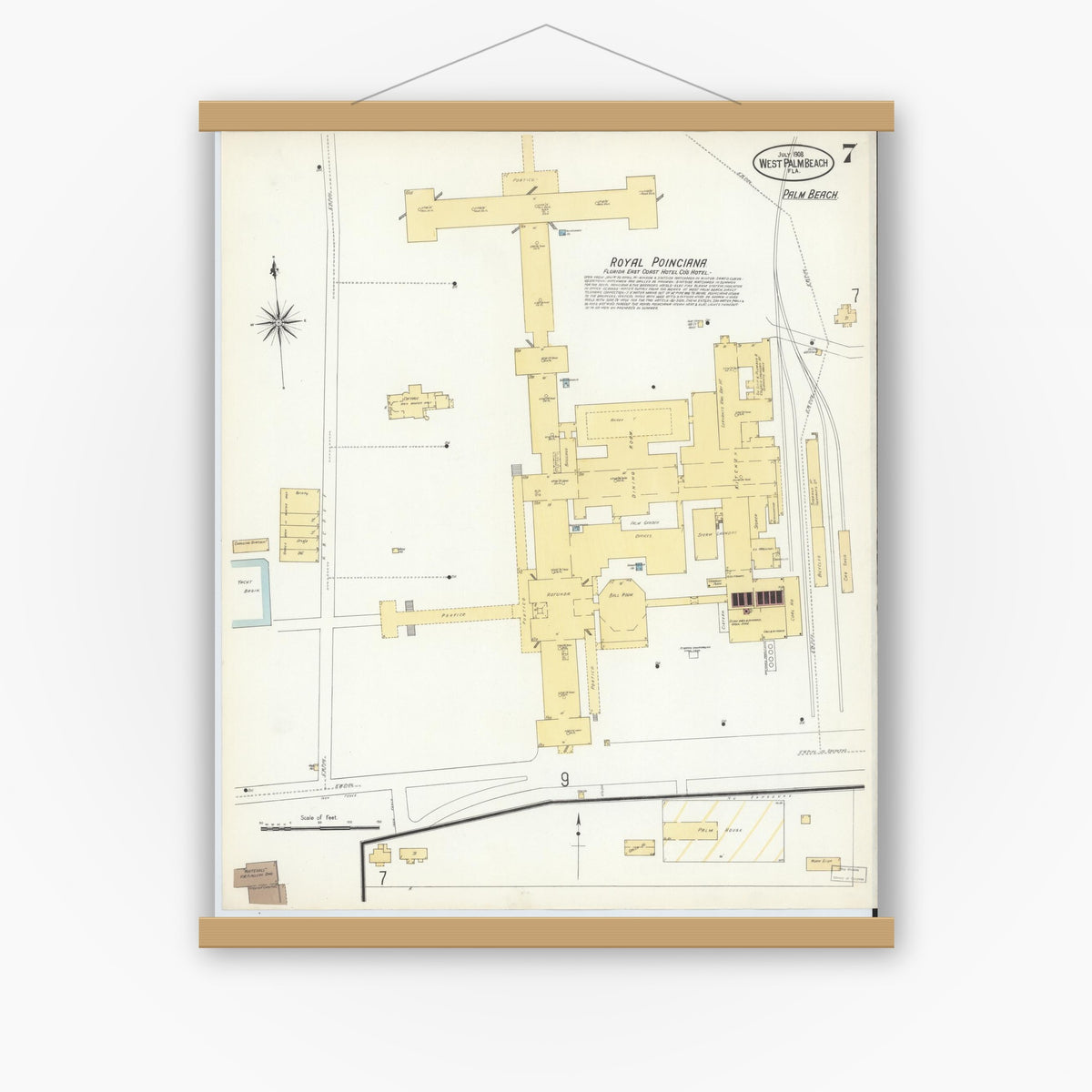 Old map wall art mockup — magnetic wood frame on white wall — Sanborn Fire Insurance Map from West Palm Beach, Dade County, Florida (1908), Sheet #0007