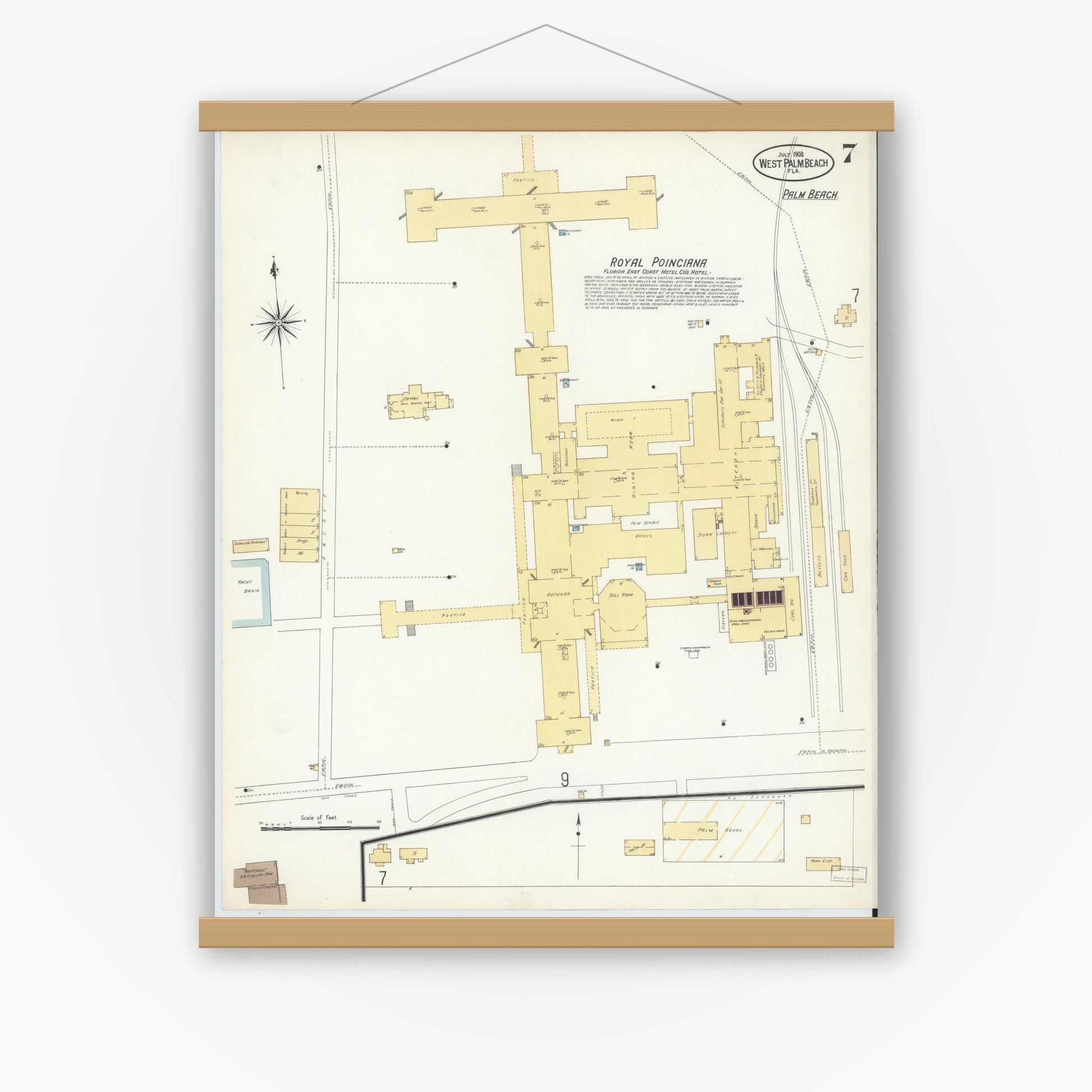 Old map wall art mockup — magnetic wood frame on white wall — Sanborn Fire Insurance Map from West Palm Beach, Dade County, Florida (1908), Sheet #0007