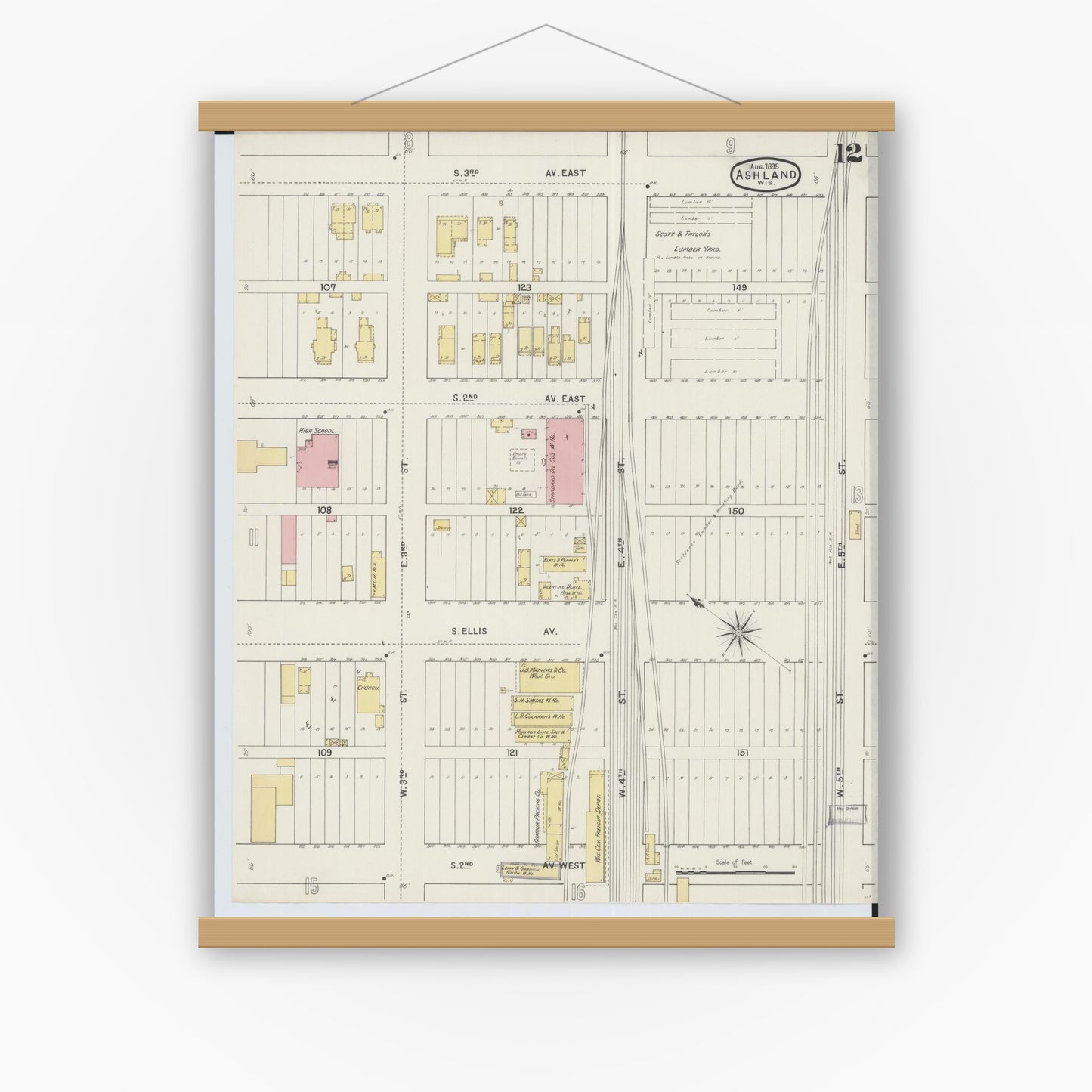 Old map wall art mockup — magnetic wood frame on white wall — Sanborn Fire Insurance Map from Ashland, Ashland County, Wisconsin (1895), Sheet #0012