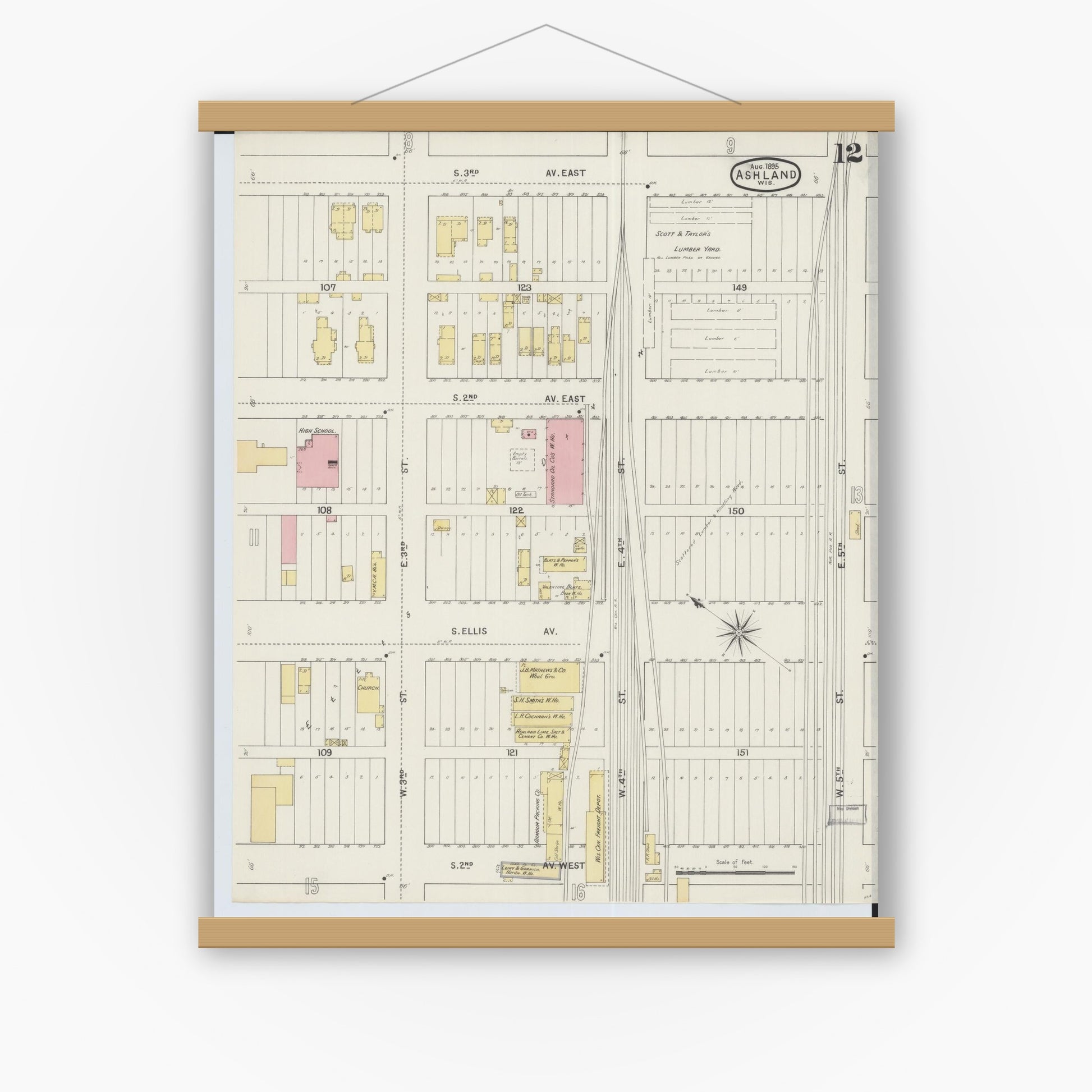 Old map wall art mockup — magnetic wood frame on white wall — Sanborn Fire Insurance Map from Ashland, Ashland County, Wisconsin (1895), Sheet #0012