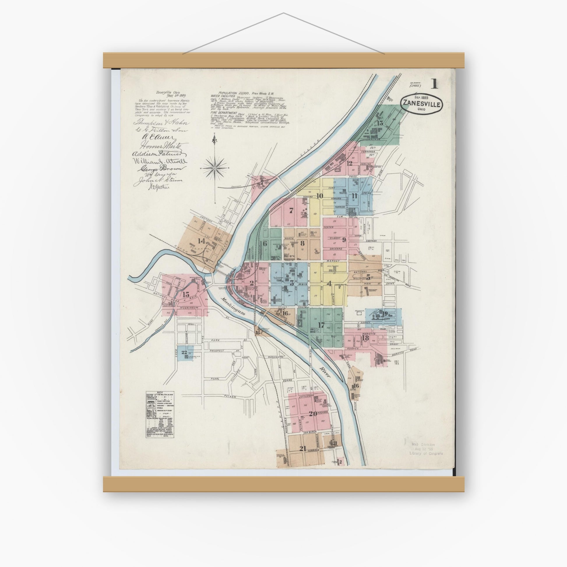 Old map wall art mockup — magnetic wood frame on white wall — Sanborn Fire Insurance Map from Zanesville, Muskingum County, Ohio (1889), Sheet #0001