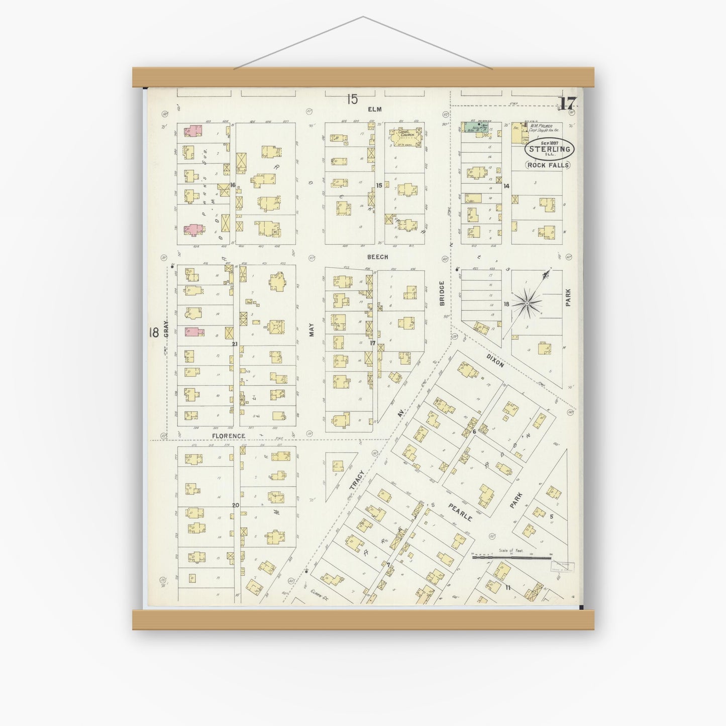 Old map wall art mockup — magnetic wood frame on white wall — Sanborn Fire Insurance Map from Sterling, Whiteside County, Illinois (1897), Sheet #0017