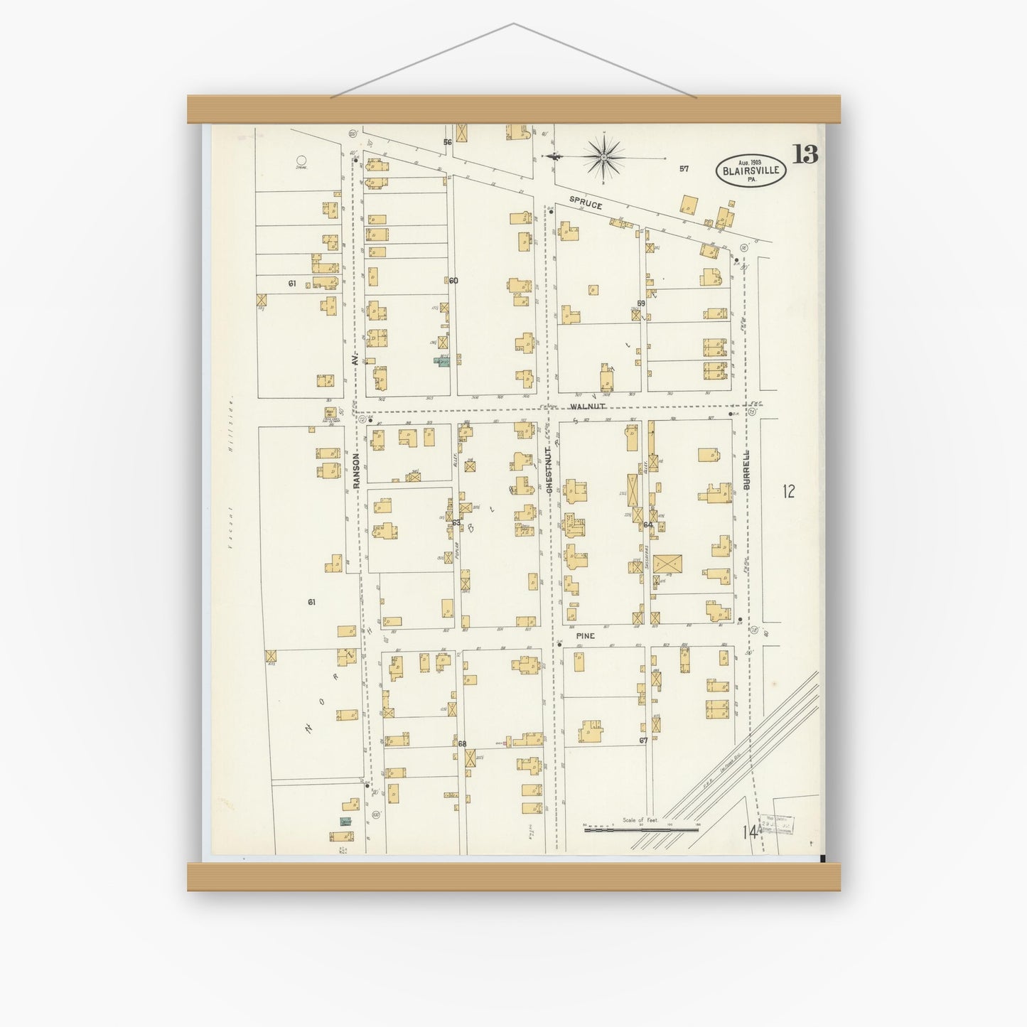 Old map wall art mockup — magnetic wood frame on white wall — Sanborn Fire Insurance Map from Blairsville, Indiana County, Pennsylvania (1903), Sheet #0013