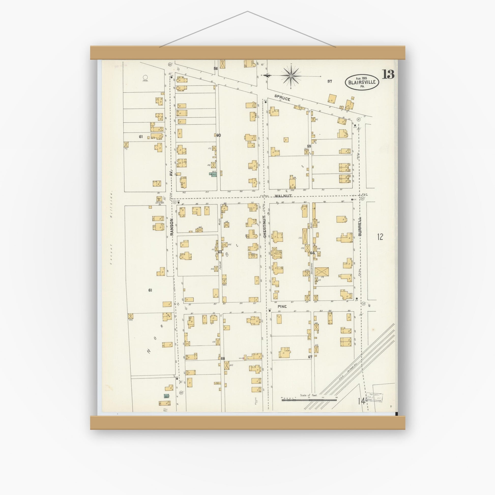 Old map wall art mockup — magnetic wood frame on white wall — Sanborn Fire Insurance Map from Blairsville, Indiana County, Pennsylvania (1903), Sheet #0013