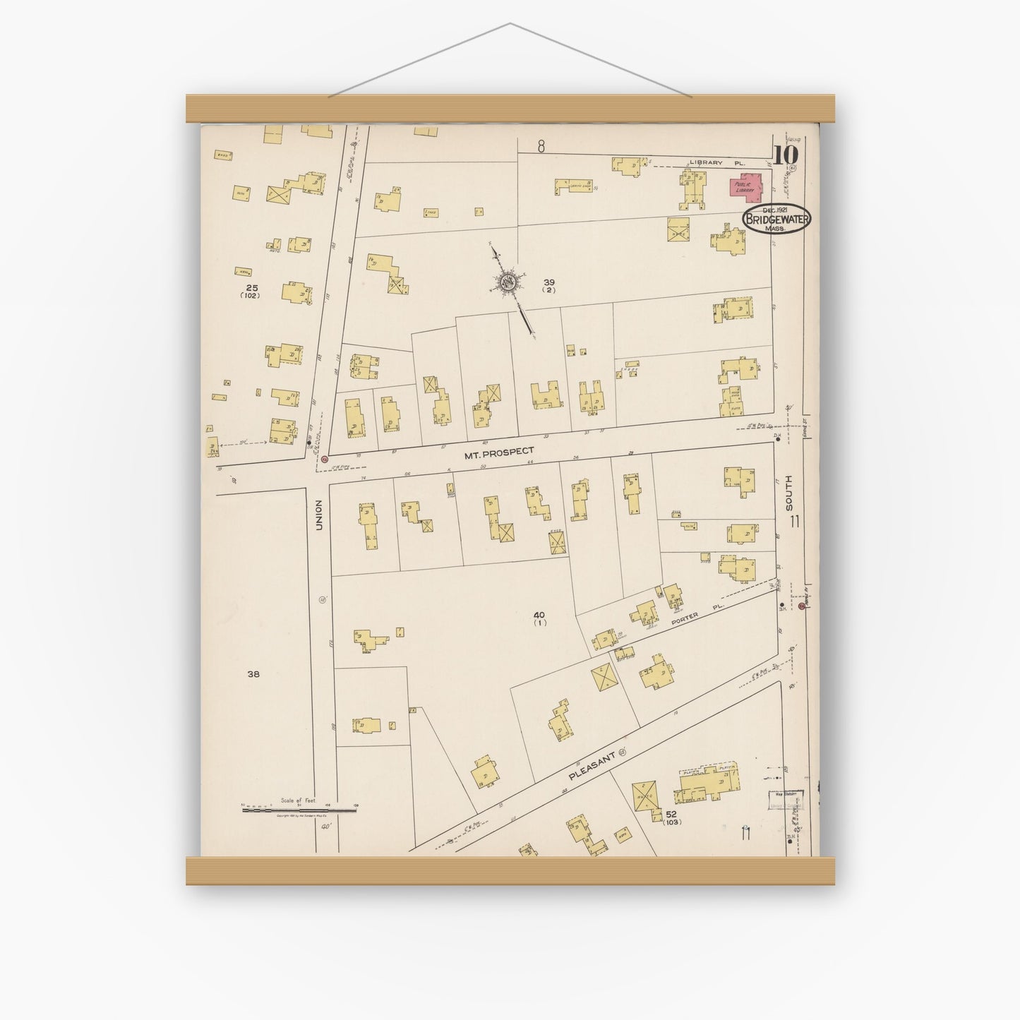 Old map wall art mockup — magnetic wood frame on white wall — Sanborn Fire Insurance Map from Bridgewater, Plymouth County, Massachusetts (1921), Sheet #0010
