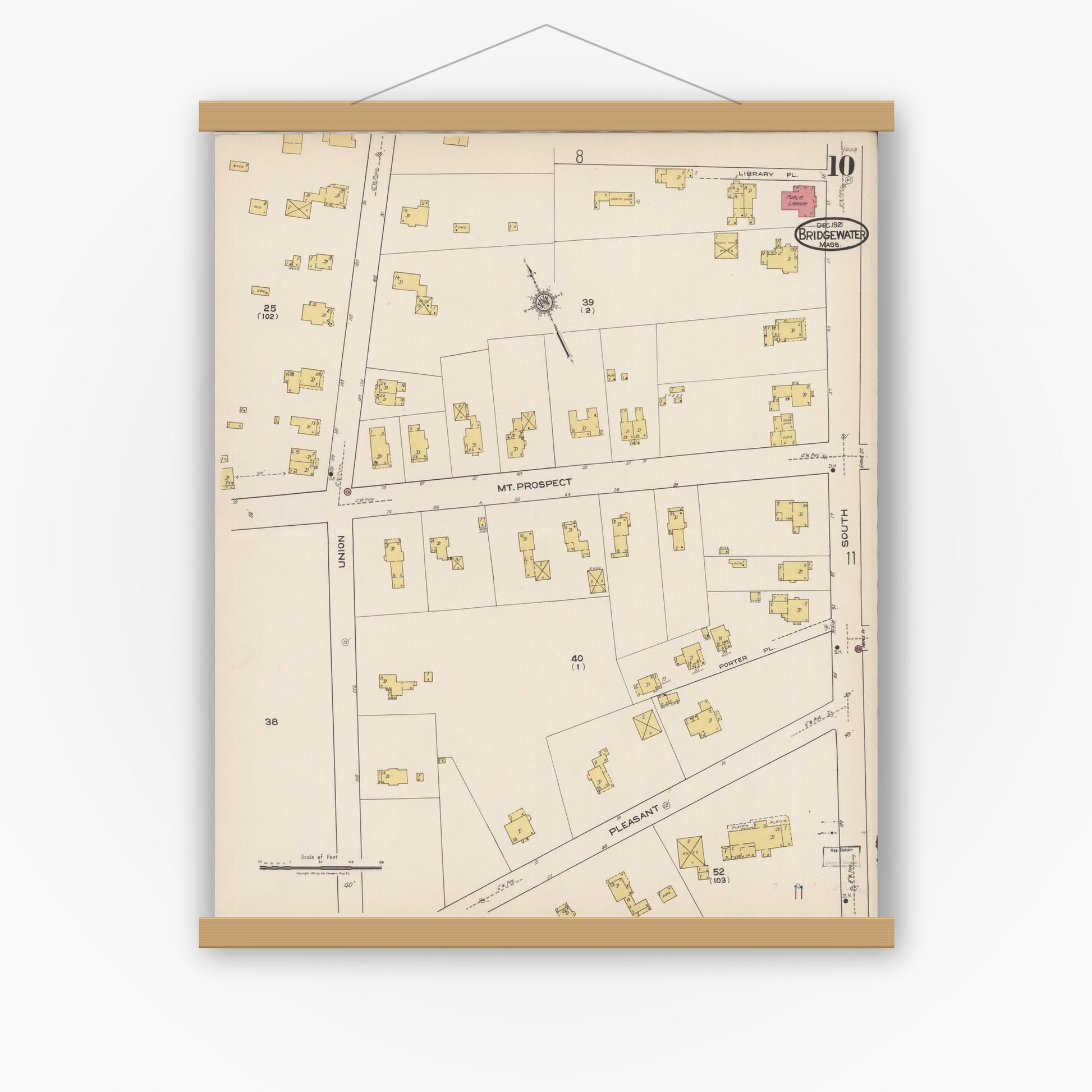 Old map wall art mockup — magnetic wood frame on white wall — Sanborn Fire Insurance Map from Bridgewater, Plymouth County, Massachusetts (1921), Sheet #0010