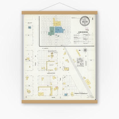 Old map wall art mockup — magnetic wood frame on white wall — Sanborn Fire Insurance Map from Midland, Midland County, Texas (1909) - Complete Map Set