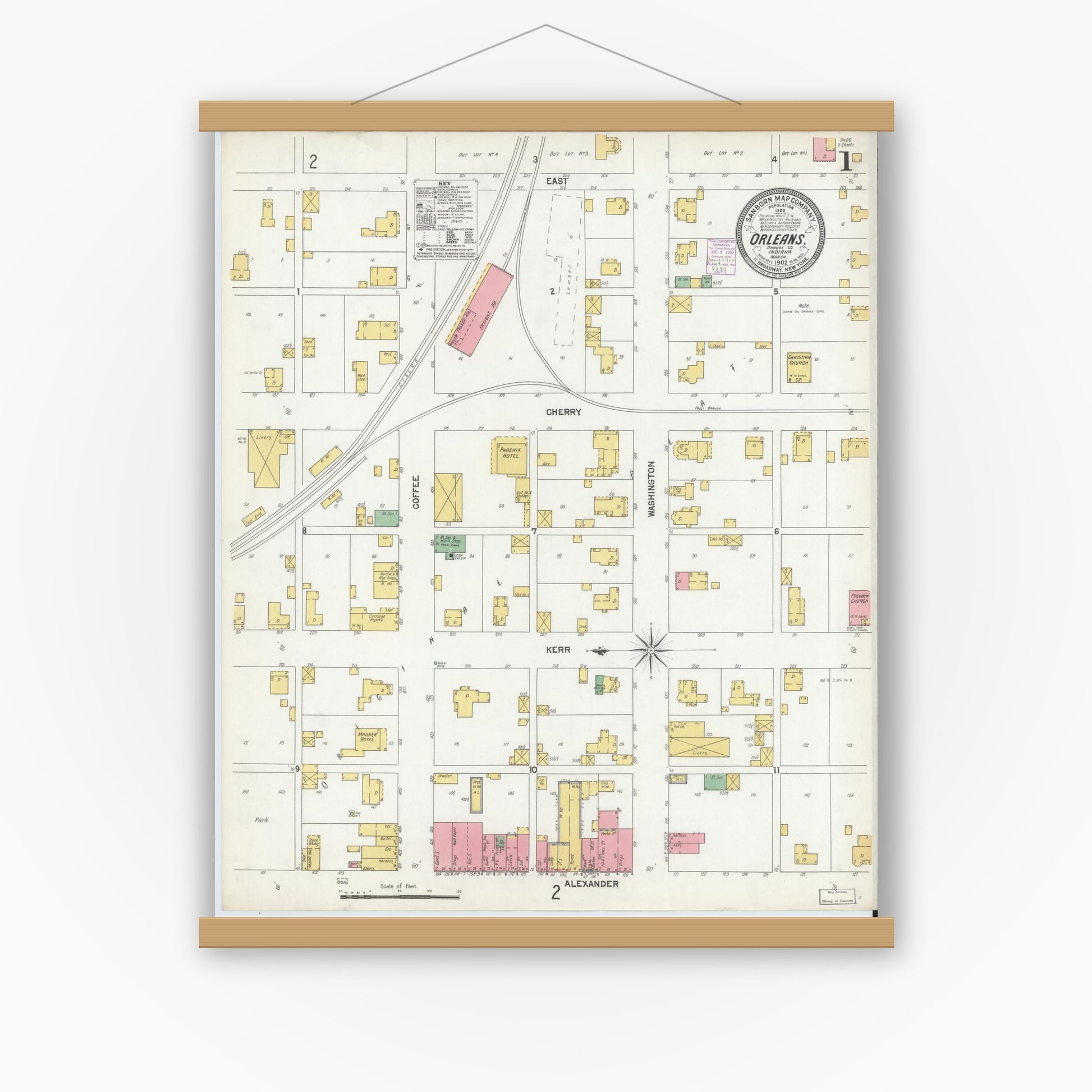 Old map wall art mockup — magnetic wood frame on white wall — Sanborn Fire Insurance Map from Orleans, Orange County, Indiana (1902) - Complete Map Set