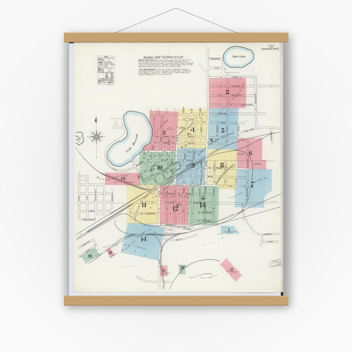 Old map wall art mockup — magnetic wood frame on white wall — Sanborn Fire Insurance Map from Ishpeming, Marquette County, Michigan (1897), Sheet #0001