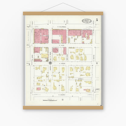 Old map wall art mockup — magnetic wood frame on white wall — Sanborn Fire Insurance Map from Gainesville, Cooke County, Texas (1913), Sheet #0005