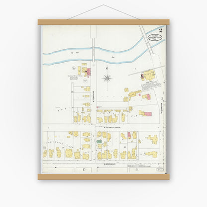 Old map wall art mockup — magnetic wood frame on white wall — Sanborn Fire Insurance Map from Shelbyville, Shelby County, Indiana (1905), Sheet #0002