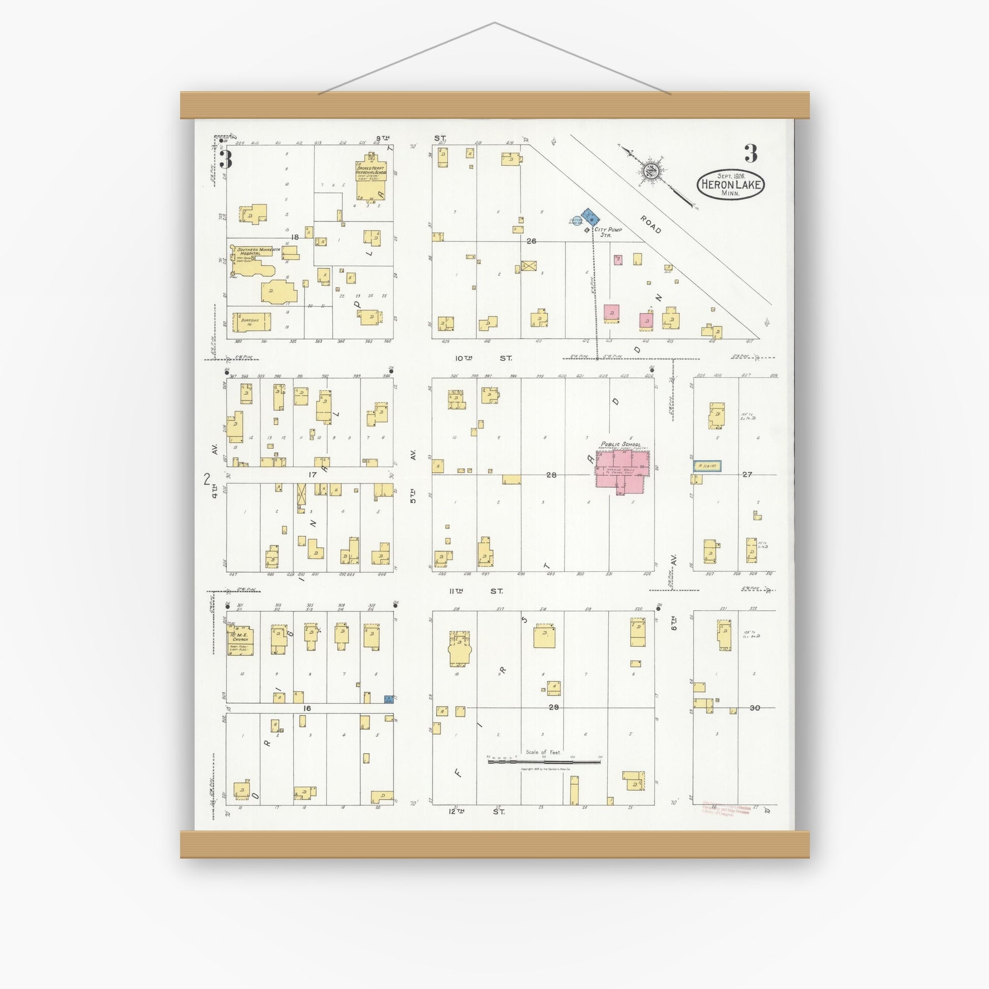 Old map wall art mockup — magnetic wood frame on white wall — Sanborn Fire Insurance Map from Heron Lake, Jackson County, Minnesota (1926), Sheet #0003