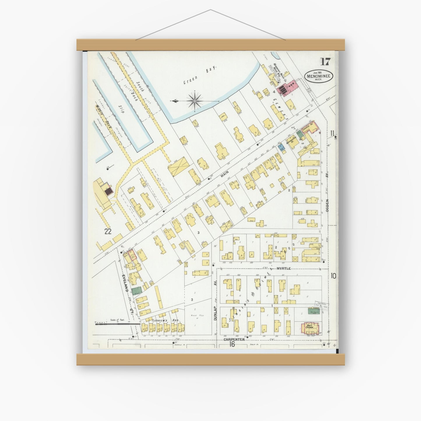 Old map wall art mockup — magnetic wood frame on white wall — Sanborn Fire Insurance Map from Menominee, Menominee County, Michigan (1901), Sheet #0017
